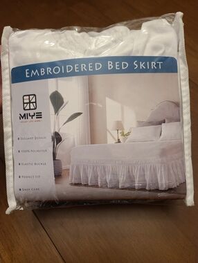 White Embroidered Eyelet Lace Bed Skirt - Adjustable Wrap-Around Queen/King 15"